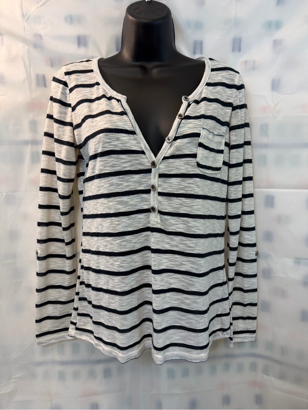 dELiA*s White and Black Striped Long-Sleeve Henley Top